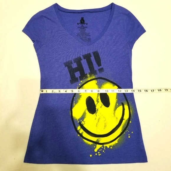 SMILEY Hi! BYE! T-shirt Womens Juniors M/M 7/9 Cap Sleeve Tee Blue - Picture 4 of 8